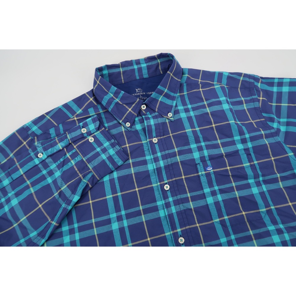 Southern Tide‎ Shirt Mens Large Blue Plaid Performance Button Down Stretch Nylon